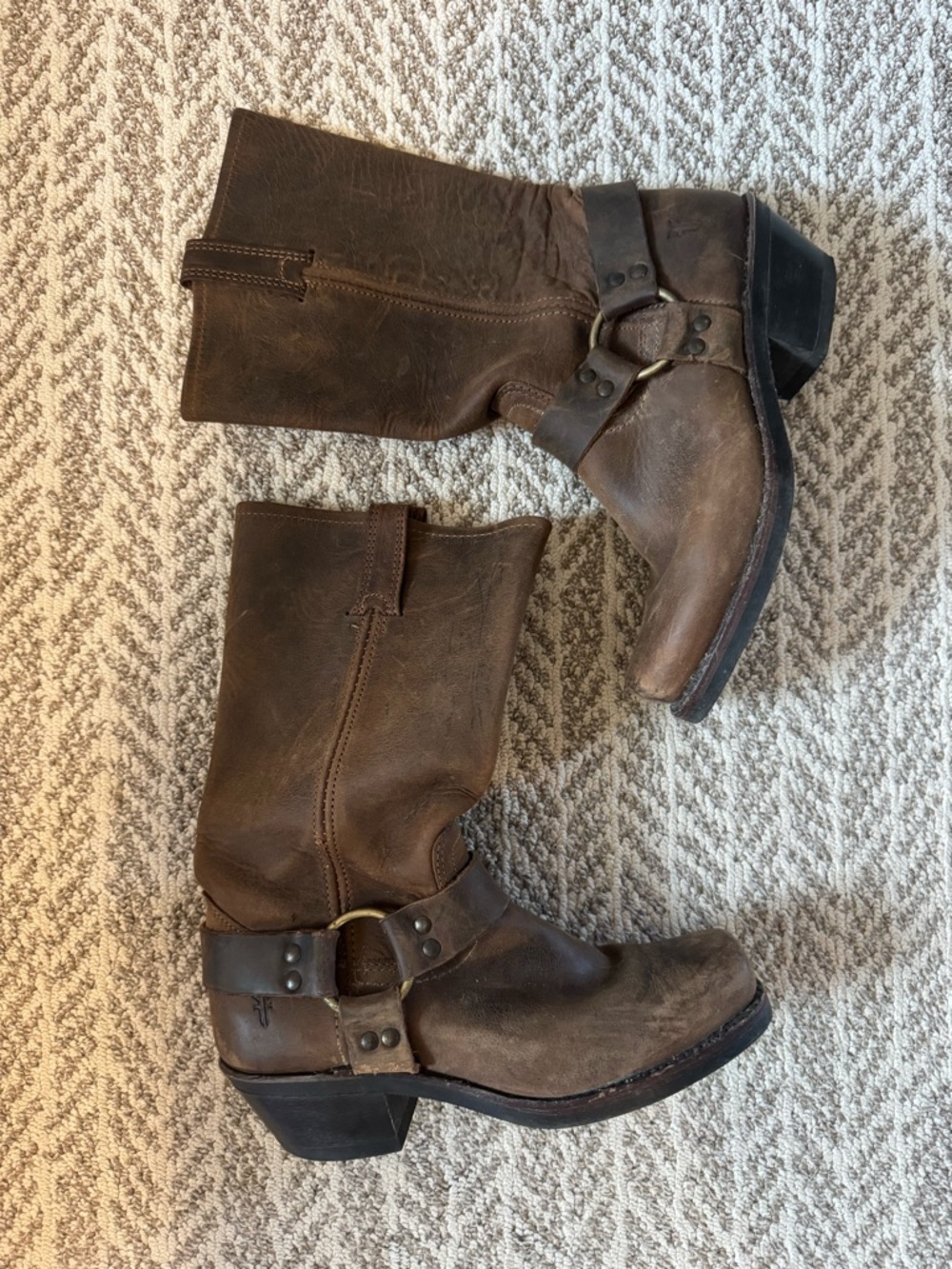 Frye Brown Leather Harness Heeled Boots